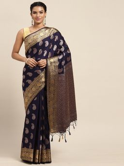 Mimosa - Women's Kanjivaram Art Silk Navy Blue Saree with Unstitched Blouse