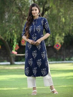 Juniper - Indigo Bandhani Printed Rayon Slub Straight Kurta with Buttons
