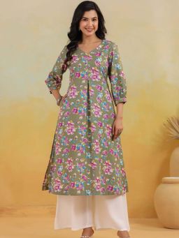 TUSHTI - Women Olive Floral Mehak A-Line Cotton Flax Kurta