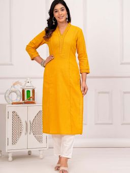 TUSHTI - Women Golden Mustard Pearl-Embellished Straight Kurta