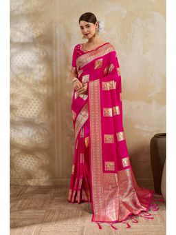 Mysilklove - Women's Barbie Pink Woven Banarasi Soft Silk Saree with Unstitched Blouse
