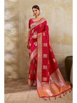 Mysilklove - Women's Melon Red Woven Banarasi Soft Silk Saree with Unstitched Blouse