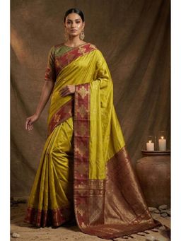 Mysilklove - Women's Trombone Mustard Woven Banarasi Soft Silk Saree with Unstitched Blouse