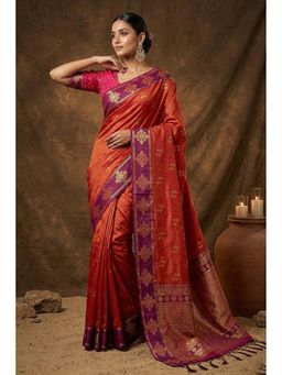 Mysilklove - Women's Scarlet Rust Woven Banarasi Soft Silk Saree with Unstitched Blouse