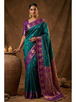 Mysilklove - Women's Munsell Teal Woven Banarasi Soft Silk Saree with Unstitched Blouse