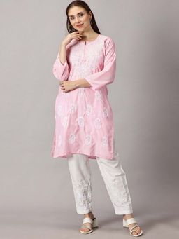 FASHIONABLE CHIKAN HANDIKRAFT - Women Pink Paisley Embroidered Cotton Straight Kurta