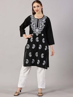 FASHIONABLE CHIKAN HANDIKRAFT - Women Black Paisley Embroidered Chikankari Cotton Straight Kurta