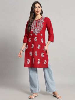 FASHIONABLE CHIKAN HANDIKRAFT - Women Maroon Paisley Embroidered Chikankari Kurta