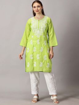 FASHIONABLE CHIKAN HANDIKRAFT - Women Green Paisley Embroidered Chikankari Cotton Straight Kurta