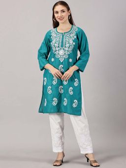 FASHIONABLE CHIKAN HANDIKRAFT - Women Teal Paisley Embroidered Cotton Straight Kurta