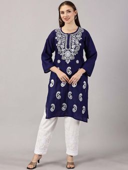 FASHIONABLE CHIKAN HANDIKRAFT - Women Navy Blue Paisley Embroidered Cotton Straight Kurta