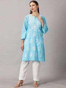FASHIONABLE CHIKAN HANDIKRAFT - Women Turquoise Paisley Embroidered Chikankari Cotton Kurta