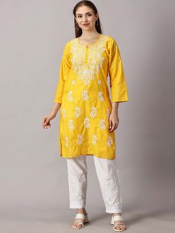 FASHIONABLE CHIKAN HANDIKRAFT - Women Yellow Paisley Embroidered Chikankari Cotton Kurta