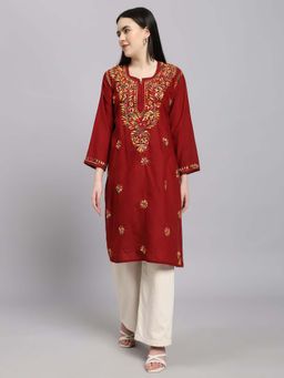 FASHIONABLE CHIKAN HANDIKRAFT - Women Maroon Floral Embroidered Cotton Straight Kurta