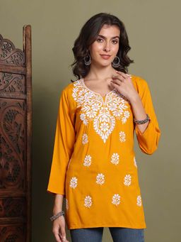 FASHIONABLE CHIKAN HANDIKRAFT - Women Mustard Floral Embroidered Chikankari Kurti
