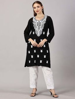 FASHIONABLE CHIKAN HANDIKRAFT - Women Black Floral Embroidered Straight Kurta