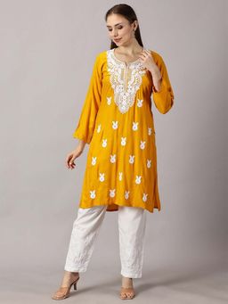 FASHIONABLE CHIKAN HANDIKRAFT - Women Mustard Floral Embroidered Straight Kurta