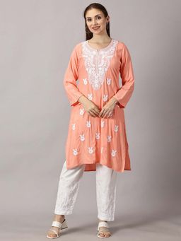 FASHIONABLE CHIKAN HANDIKRAFT - Women Peach Floral Embroidered Straight Kurta