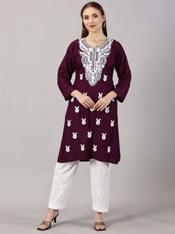FASHIONABLE CHIKAN HANDIKRAFT - Women Wine Floral Embroidered Straight Kurta