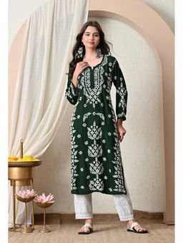 SYRISH - Women Syrish Dark Green Hand-Embroidered Chikankari Modal Kurta