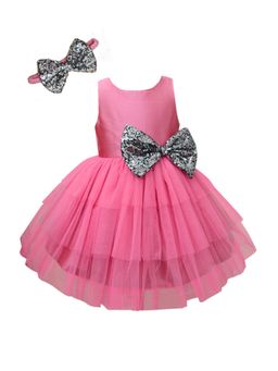 A.T.U.N. - Girls Pink Round Neck Party Dress with Bow Headband (Set of 2)