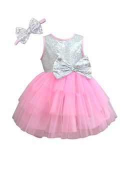A.T.U.N. - Girls Pink Round Neck Party Dress with Bow Headband (Set of 2)