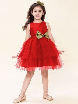 A.T.U.N. - Girls Red Round Neck Party Dress with Bow Headband (Set of 2)