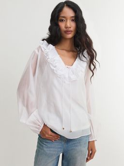 Pomelo - Ruffle Tie V-Neck Long Sleeve Blouse - White (XS)