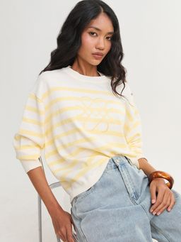 Pomelo - Striped Button Shoulder Knit Top - Yellow (XL)