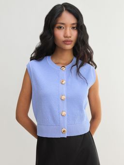 Pomelo - Button Front Knit Crop Vest - Blue (XL)