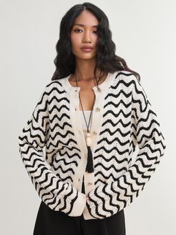 Pomelo - Wave Knit Button Cardigan - Black/White (XS)