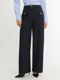 Pomelo - High Waist Wide Leg Pants with Front Flap Pockets - Navy (XS)