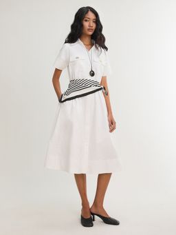 Pomelo - Scarf Detail Shirt Midi Dress - White (L)