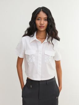 Pomelo - Embroidered Pocket Cropped Shirt - White (XS)