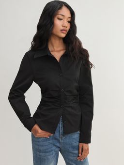 Pomelo - Ruched Waist Button Down Shirt - Black (XS)