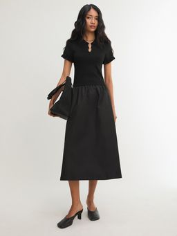 Pomelo - Collared Ruffle Sleeve Midi Dress - Black (L)