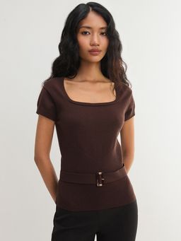 Pomelo - Belted Square Neck Knitted Cardigan Top - Brown (M)