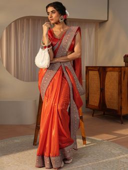 Libas - Orange Satin Embellished/Sequined Saree with Unstitched Blouse