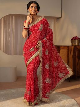 Libas - Red Chiffon Embellished/Sequined Saree with Unstitched Blouse