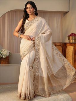 Libas - Cream Silk Blend Embellished/Sequined Saree with Unstitched Blouse
