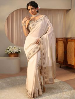 Libas - Cream Silk Blend Embellished/Sequined Saree with Unstitched Blouse
