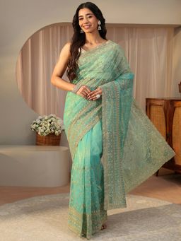 Libas - Green Net Zari Saree with Unstitched Blouse