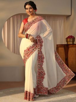Libas - Cream Georgette Embroidered Saree with Unstitched Blouse