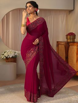 Libas - Maroon Georgette Embroidered Saree with Unstitched Blouse