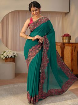 Libas - Green Georgette Embroidered Saree with Unstitched Blouse