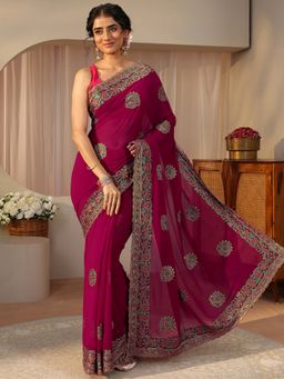 Libas - Pink Georgette Embroidered Saree with Unstitched Blouse
