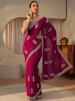 Libas - Wine Georgette Embellished/Sequined Saree with Unstitched Blouse