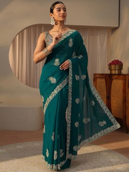 Libas - Teal Georgette Embellished/Sequined Saree with Unstitched Blouse