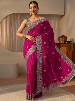 Libas - Pink Silk Blend Embroidered Saree with Unstitched Blouse