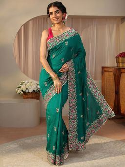 Libas - Green Silk Blend Embroidered Saree with Unstitched Blouse